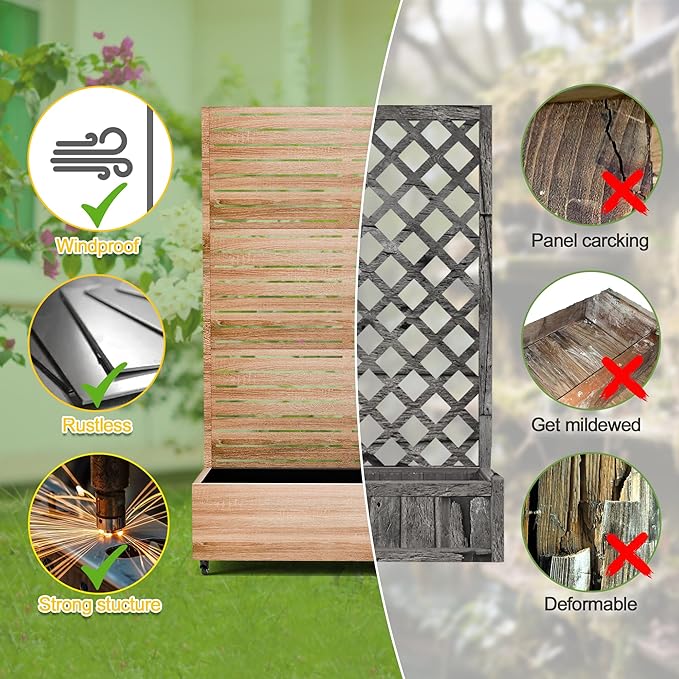 FENCY Metal Raised Garden Bed with Wheels and Trellis,73"x47"x16" Planter Box for Climbing Plants, Vegetables & Vines, Features Privacy Screen and Drainage Holes (Natural Wood Color)