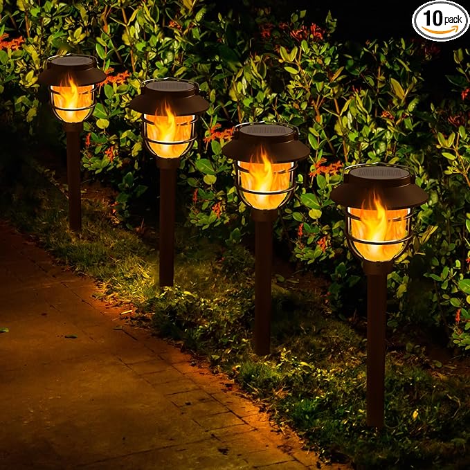 10 Pack Solar Pathway Lights Outdoor - Bright Solar Powered Garden Lights with Flickering Flame, Auto On/Off Waterproof Path Lights Decorative, Landscape Lighting for Yard Patio Walkway Driveway