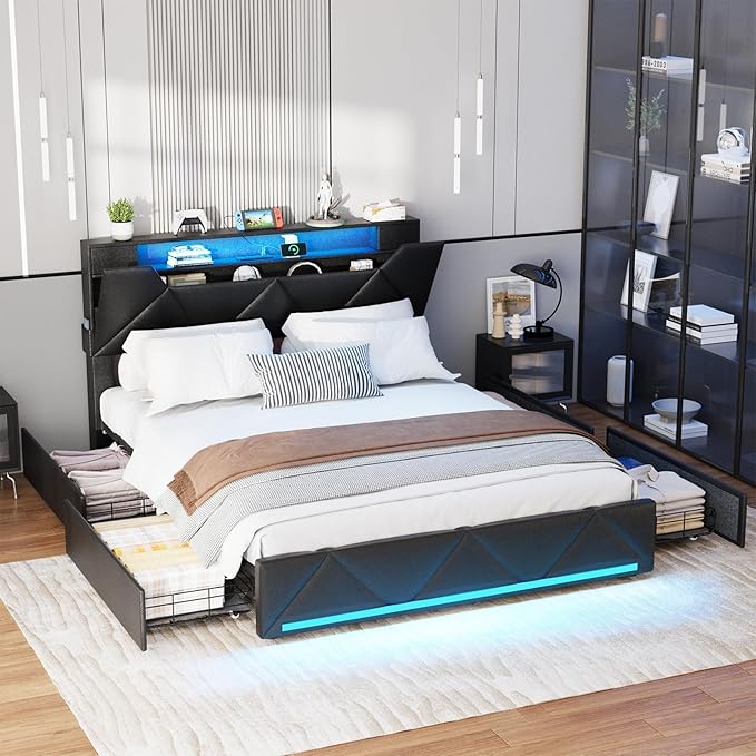 Vabches Queen Bed Frame with Storage Headboard and 4 Drawers,Upholstered Platform with Charging Station and Led Lights,Adjustable Headboard with Pu Leather,No Box Spring Needed,Black