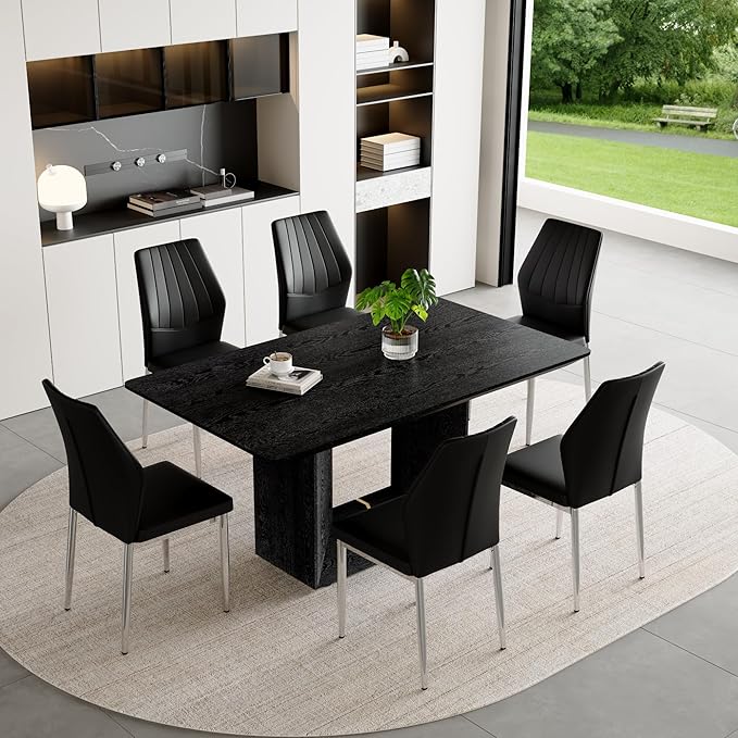 63" Modern Black Dining Table Set for 6 with Chairs, 7 Piece Rectangular Dining Room Table and 6 PU Leather Chairs, Kitchen Dining Set with Matte Wood Finish, Geometric Base, Easy Assembly