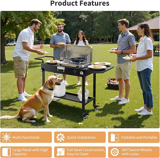 Portable Grill Cart for Blackstone Griddle, 440lb Foldable Outdoor Grill Table with Wheels for Ninja, 31" W x 17" D Blackstone Griddle Stand with Caddy Fit 17” or 22”, Black