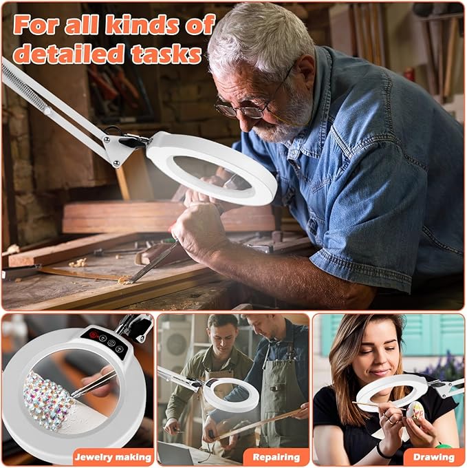 10X Magnifying Glass with Light and Stand, Real Glass Lens Desk Lamp, Lighted Magnifier with Light Stepless Dimming Hands Free for Craft, Reading, Painting, Sewing, Solder - White