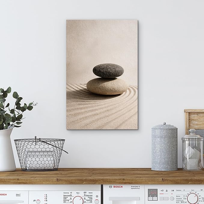 wall26 Canvas Print Wall Art Balanced Zen Stones on Raked Sand Minimal Neutral Photography Realism Rustic Colorful Multicolor for Living Room, Bedroom, Bathroom - 16"x24"
