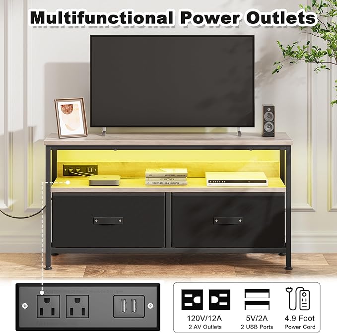 39" Dresser TV Stand for TVs up to 50", Media Console with LED Lights, Charging Station & 2 Drawer Storage Chest, Gaming Entertainment Center with Storage for Bedroom (Grey, 39 in)