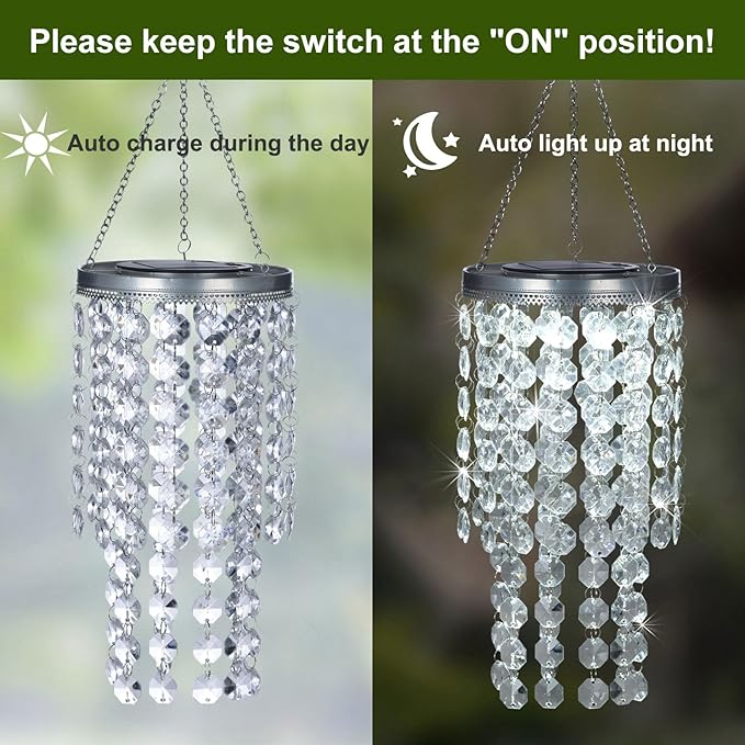 Hanging Solar Crystal Chandelier Outdoor, 21” Modern Solar Transparent Acrylic Beaded Lantern with Cool White LED S Hooks for Garden Yard Patio Gazebo Outside Decor