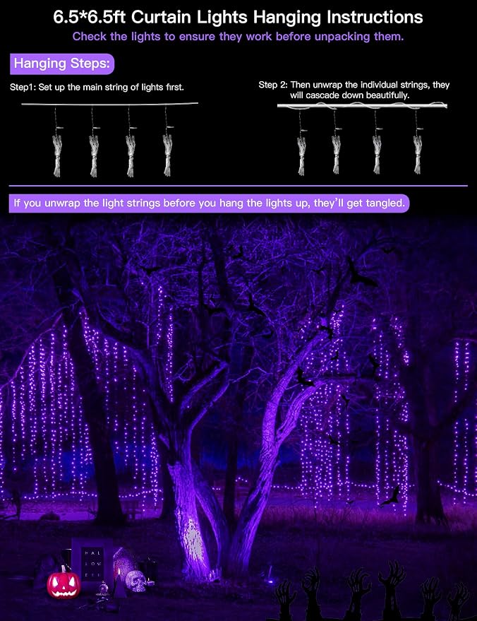 suddus Purple Curtain Lights for Halloween, 200 LED Hanging String Lights with USB Plug, Curtain String Lights Indoor for Bedroom Wall, Christmas, Party, Porch, Holiday Decorations, 6.5ft * 6.5ft