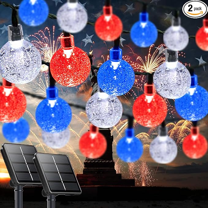 2-Pack Red White and Blue Crystal Globe Solar String Lights Outdoor, 64FT 100 LED Waterproof 4th of July Decorations, Solar Patriotic Lights 8 Lighting Modes for Memorial Day Independence Day Yard