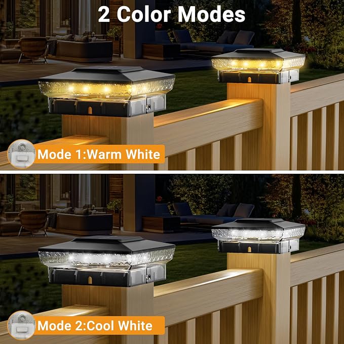 btfarm 4x4 Solar Post Cap Lights Outdoor, 2 Modes 16 LED Fence Deck Post Lights, 4 Pack Waterproof Black Solar Powered Lighting Outside Fit 4x4 3.5x3.5 Wooden/Vinyl for Porch Patio Garden