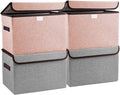 Linen Fabric Foldable Storage Cube Bin Organizer Basket with Flip-Top Lid & Handles, Large Clothes Blanket Box for Home, Office, Closet, Gray & Pink, 4 Pack 14.6 x 9.5 x 9.5”