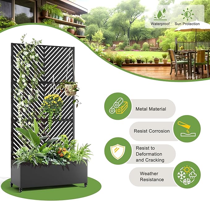FENCY Metal Raised Garden Bed with Wheels and Trellis,73"x35"x16" Planter Box for Climbing Plants, Vegetables & Vines, Features Privacy Screen and Drainage Holes (Black-Arrow)