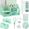 Green Office Desk Accessories Supplies, 12pcs Desk Organizers and Accessories with Tape dispenser and Stapler,Staples,Staple Remover,Pen Holder,Scissor,Ruler,Sticky Tabs,Tape,Ballpoint Pen,Clips Set