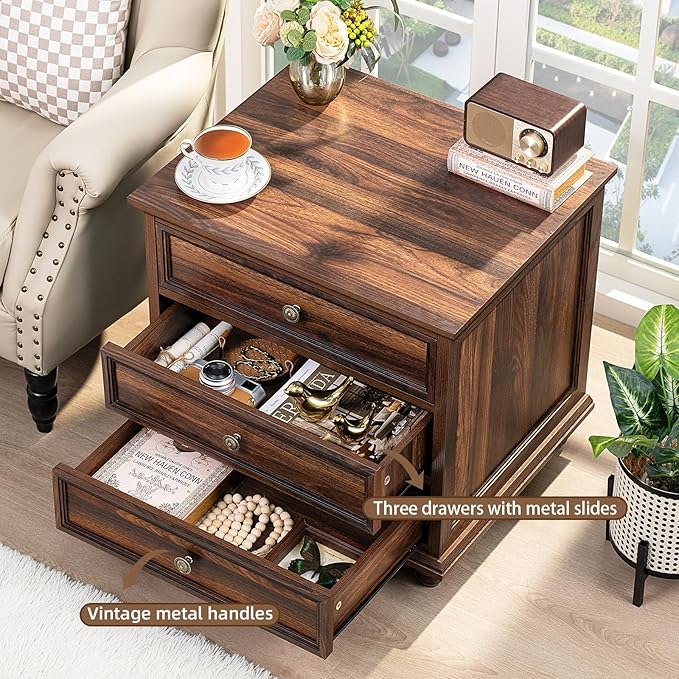 24" Wide Farmhouse Night Stand Set of 2,Large End Table with 3 Drawers & Metal Handle,Wood Dresser for Bedroom,Bed Side Table Chest of Drawers Cabinet,Brown Nightstand for Living Room,Closet
