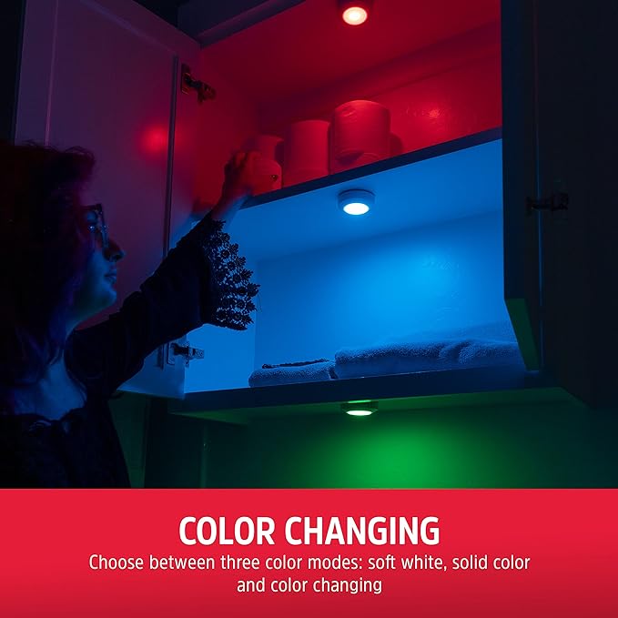 Energizer LED Puck Lights, 6 Pack, Color Changing, Battery Powered, Under Cabinet Lighting, Wireless Lights, 40 Lumens, Remote Controlled, Perfect for Under Cabinet, Bedroom, Closets and More,59332-T1