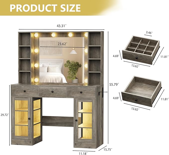 Makeup Vanity Desk with Mirror and Lights, Glass Top Vanity Table Set with Drawers & Power Outlet, Large Dressing Table with 3 Color Lighting Modes & RGB Cabinets for Women Girls Kids Bedroom, Grey