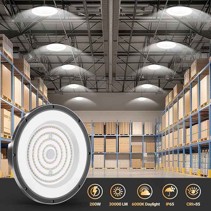 AIKVSXER LED High Bay Light UFO Shop Light 200W 30000LM 6000K Daylight Super Bright IP65 Waterproof for Warehouse Garage Barn Factory Workshop 5FT Cord with US Plug 18 Pack