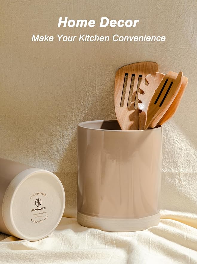 famiware Milkyway Kitchen Utensil Holder for Countertop, 7.2"+5.8" Ceramic Cooking Utensil Crocks for Counter, Utensil Organizer for Spatula & Spoon, Kitchen Decor, Set of 2, Cinnamon Brown