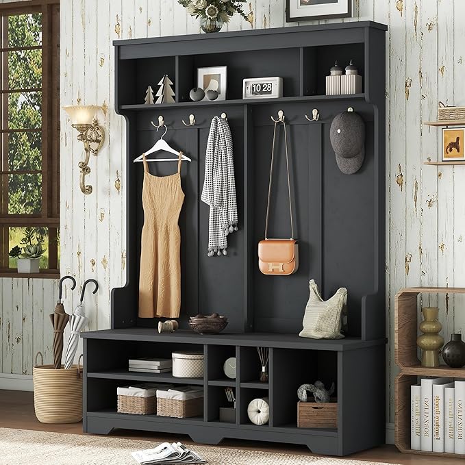 Modern Hall Tree with Metal Hooks and Storage Space, Wood Multi-Functional Entryway Coat Rack with Shoe Cubbies for Hallway Living Room Bedroom (Black/r11)