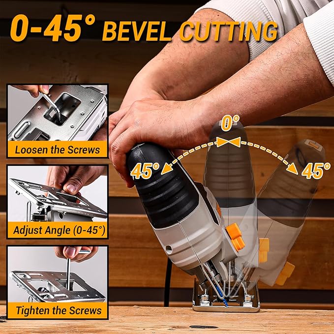 Jig Saw Corded: DEKOPRO Electric Jigsaw Tool Power Jig Saws for Woodworking, Wood Cutter Hand Tool with 6 Variable Speed, 4 Orbital Settings, ±45° Bevel Cutting, Tool-less Blade Quick Release