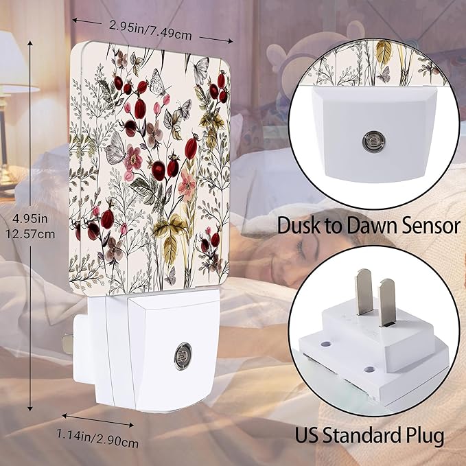 Vintage Flower Night Light, Butterfly Plug into Wall with Dusk to Dawn Light Sensors, Warm Nightlights for Bedroom, Bathroom, Hallway, Kitchen, Gifts Ideal for Girls Women