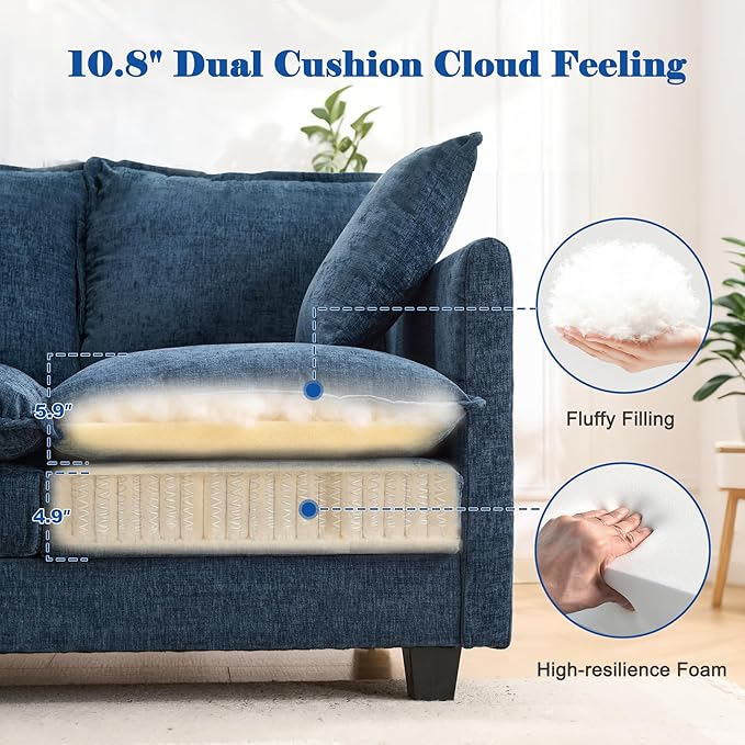Loveseat Sofa Cloud Sofa Couch 50'', Modern Loveseats 2 Seat Couch 27" Deep Seat with 2 Pillows for Small Spaces Apartment Studio Office Bedroom Living Room 8834-BLUE