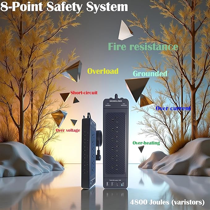 Surge Protector Power Strip/Heavy Duty 10ft Extension Cord with Multiple outlets/High Joules Protection (4800J)/18AC/1875W/15A/Usb A+C(PD20W),Flat Plug,Commercial,Industrial,Office,Home,Black
