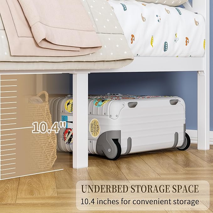 Queen White Metal Bed Frame with USB Charging Station, LED Ambient Lighting, and Wooden Storage Headboard - Includes Under-Bed Storage, No Box Spring Needed, Noise Free, Easy to Assemble
