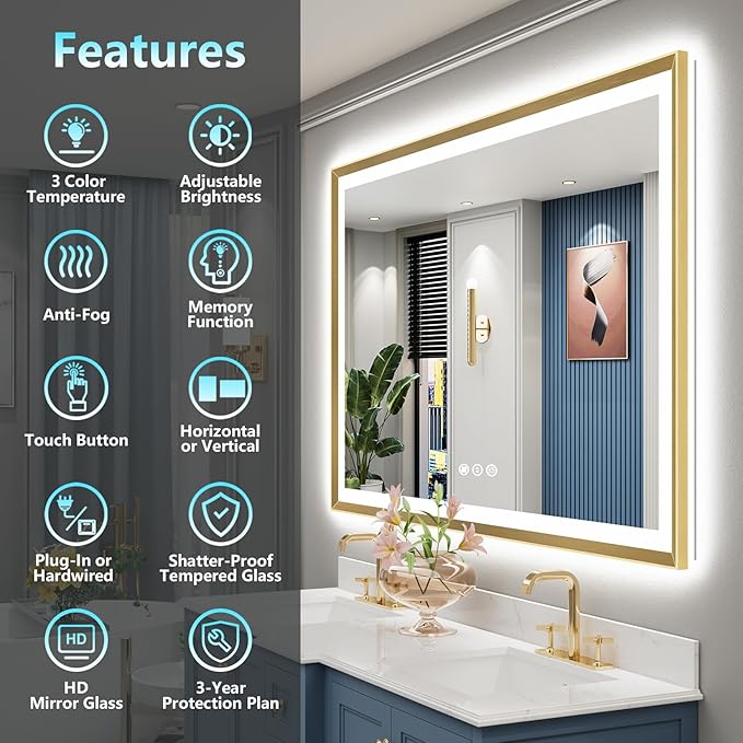 66x40 Gold Beveled LED Bathroom Mirror with Lights, Brushed Gold Framed Backlit and Front Lit Anti-Fog Lighted Vanity Mirrors for Bathroom Wall, Dimmable, 3 Colors, Memory, HD Tempered Glass