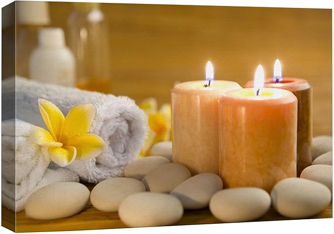 wall26 Canvas Print Wall Art Lit Spa Candle Trio with Stones & Yellow Blossoms Nature Wilderness Photography Realism Chic Scenic Multicolor for Living Room, Bedroom, Office - 12"x18"