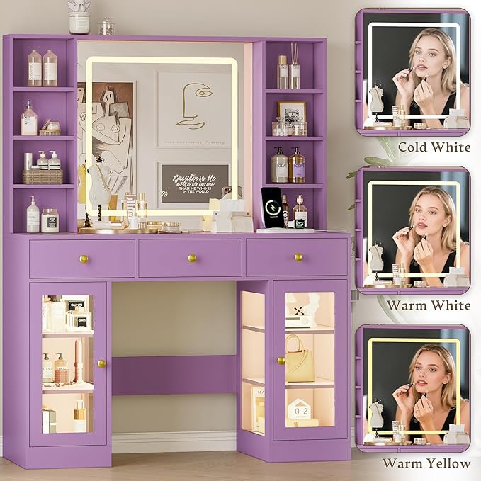 Makeup Vanity Desk with Mirror and Lights, 43" Purple Vanity with Glass Top, Jewelry Storage, 3 Drawers & Glass Cabinets, Power Outlet & Adjustable LED Lights, Dressing Table for Women & Girls Bedroom