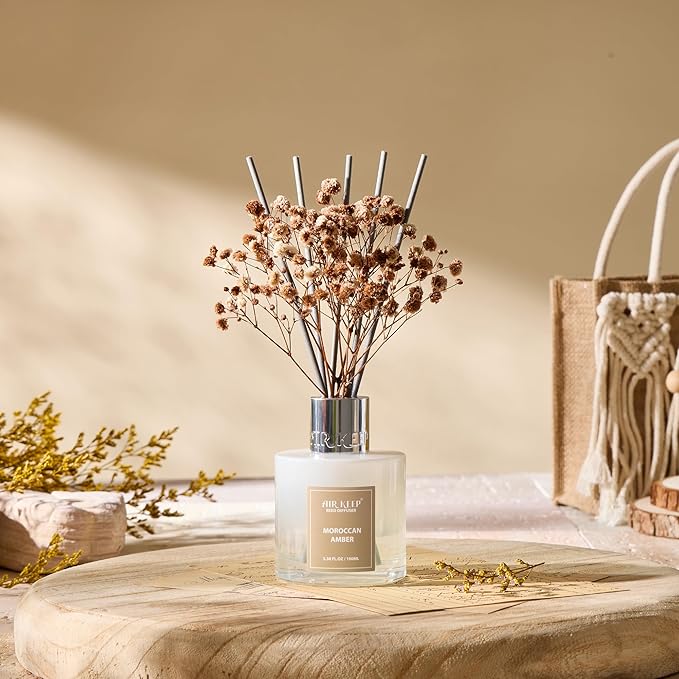 Airkeep Reed Diffuser Set,3.38 fl oz (100 ml) - Moroccan Amber Oil Diffusers with 8 Reed Sticks, Home Fragrance Reed Diffuser for Bathroom Shelf Decor