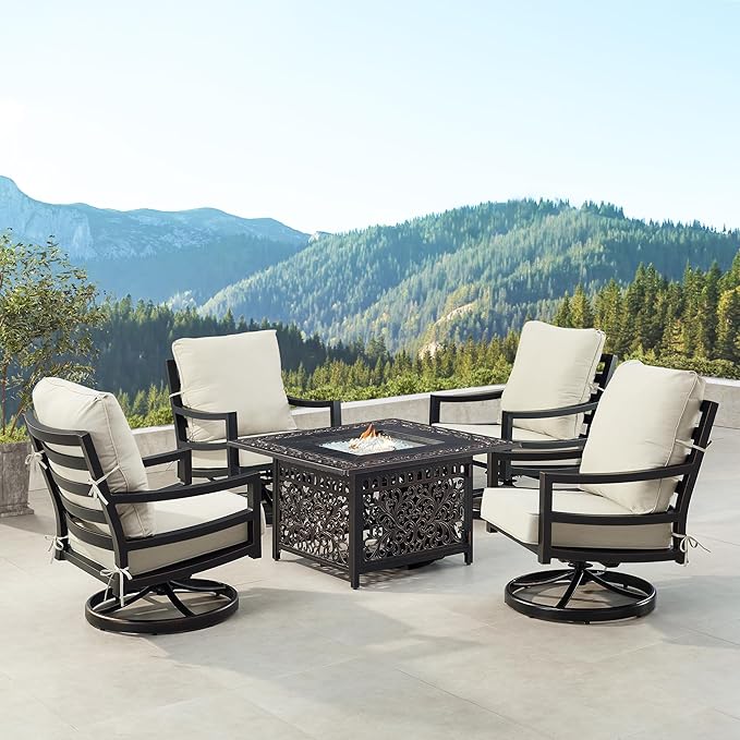 Oakland Living Black Aluminum Patio Fire Table Set with Four Club Chairs with Light Grey Cushions