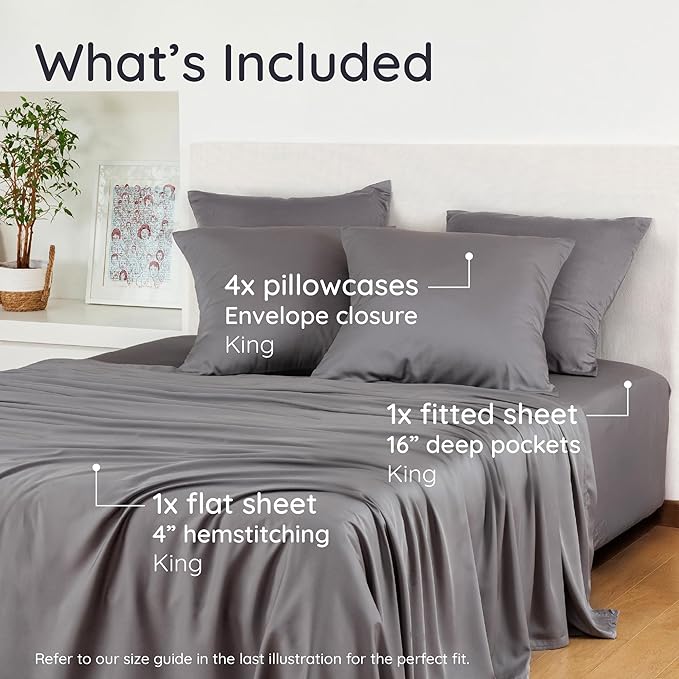 Bambaw 100% Viscose Derived from Bamboo Sheets King Size Set – 6pcs Deep Pocket King Sheets Cooling, Fits Up to 16'' with Elastic Corner Straps, Super Soft Bedding Set (Dark Gray)