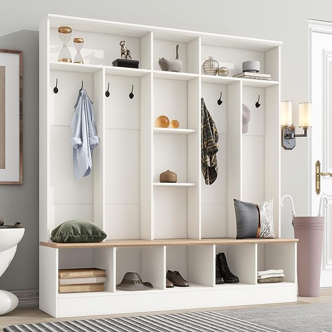 Modern Hall Tree with Storage Bench, Minimalist Shoe Cabinet with Cube Storage & Shelves, Multifunctional Coat Rack with 8 Hooks for Entryways Mudroom Hallway (White + Particle Board-Q13)