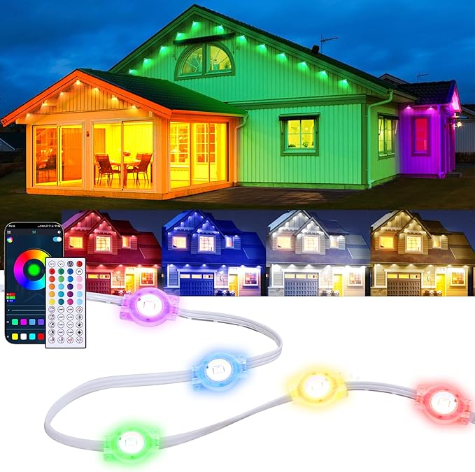 200ft Outdoor RGB LED Lights for House Roof Yard and Patio Waterproof String Lights with Remote Control Great for Christmas Parties and Everyday Ambiance