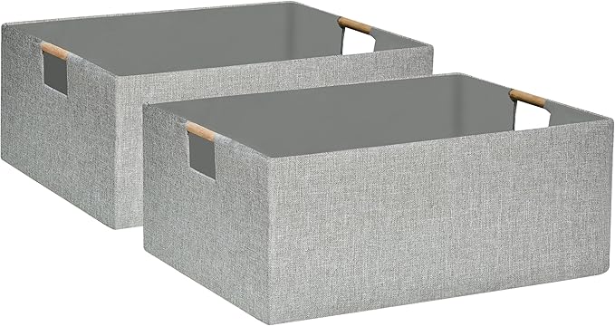 Collapsible Storage Box for Women - Foldable Home Organizer 16.9x12.5x7Inches with Wooden Handles | Closet, Bathroom & Kids Room Storage | Heavy-Duty Linen Fabric 2Pack