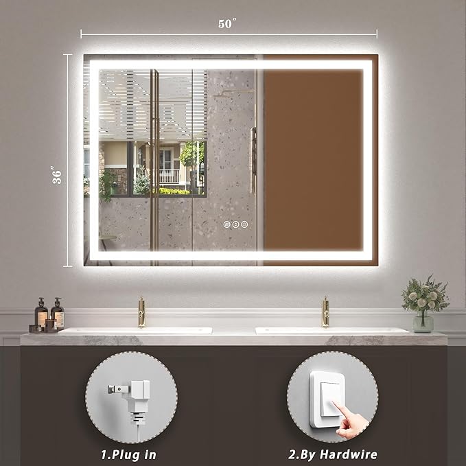 50x36 LED Lighted Bathroom Mirror for Wall, Large Vanity Mirror with Lights, Dimmable, Anti-Fog, Shatter-Proof, ETL Listed (Front lit + Backlit)