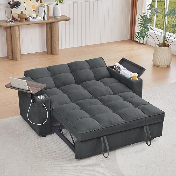 65'' Convertible Sleeper Sofa Bed with Adjustable Backrest, Chaise Lounge, Side Table & USB/Type-C Ports – Stylish & Functional Addition to Any Living Room (Drak Grey)