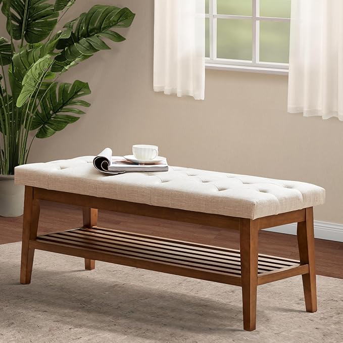 HUIMO Entryway Shoe Bench, End of Bed Bench,Upholstered Button-Tufted Bench for Kitchen, Fabric Ottoman Bench for Living Room, Padded Bench with Solid Wood Shelf Beige