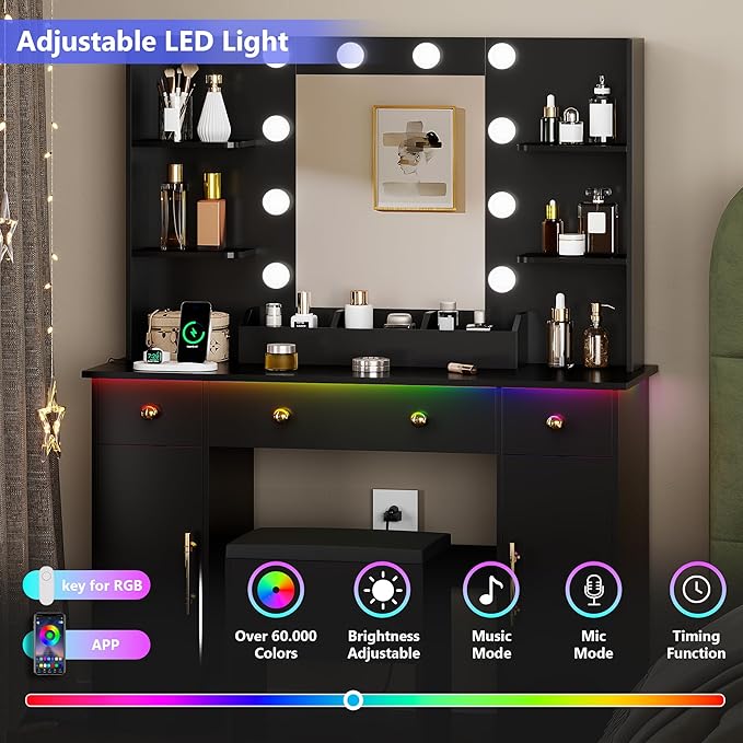 Vanity Desk with Mirror and Lights,Black Makeup Vanity with Charging Station & Stool, 3 Drawers and Cabinets, White Vanity Mirror with RGB LED Lights Makeup Desk and Chair for Women