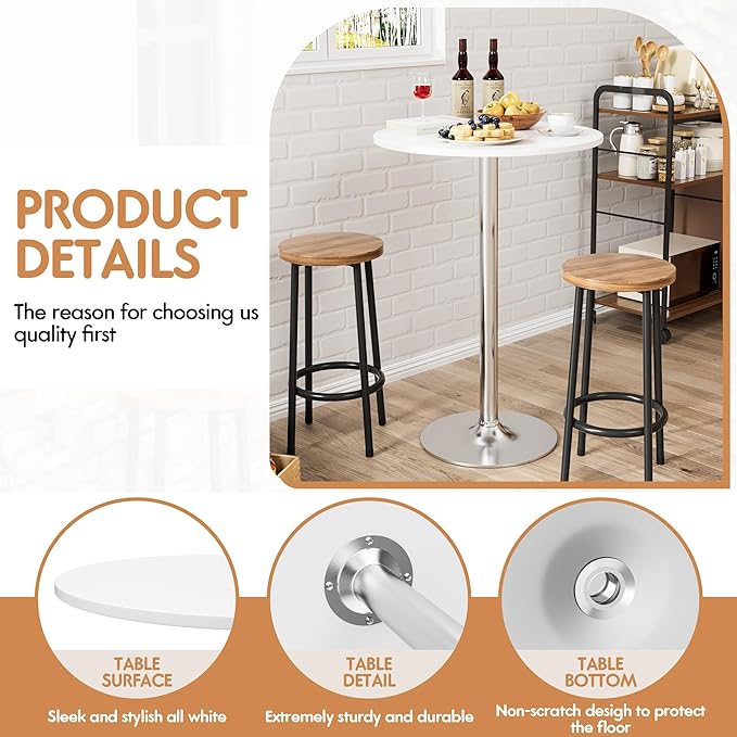 Shahoo Round Bar Table, Cocktail Tables with Metal Base & MDF Top, for Bistro Pub, Cafe, Silver and White