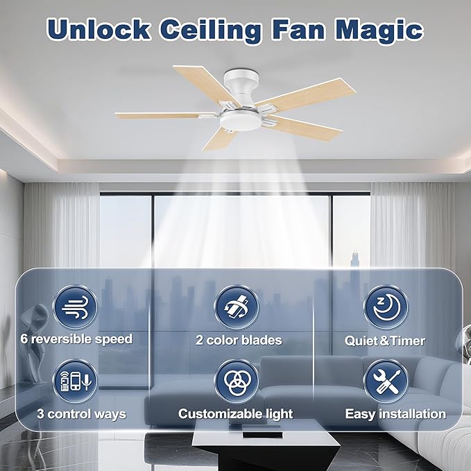 42 inch Smart Low Profile Ceiling Fan with Lights Remote,Quiet DC Motor,WIFI Control via Voice Alexa,App, Easy to Install,Flush Mount Outdoor Indoor Fans for Small Bedroom Patio Porch,White& Wood