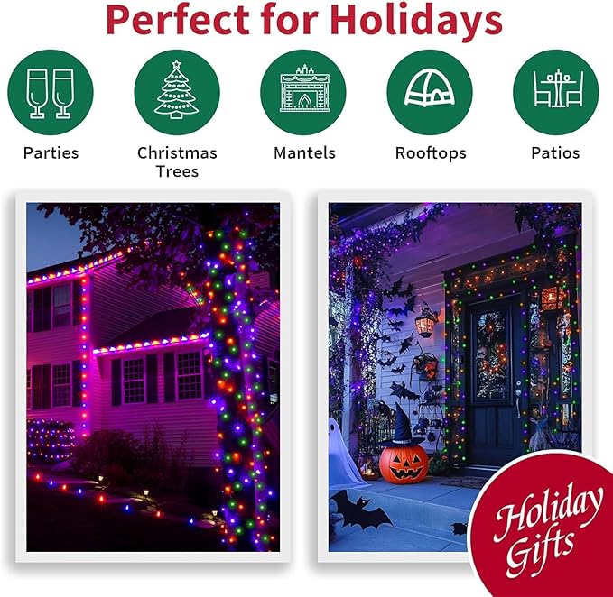 LAMPHOME 66ft Halloween Decorative Mini Lights, 200 LED Transparent Wire Fairy Starry String Lights Plug in, 16 Lighting Modes for Halloween Outdoor Party Decoration (Orange/Purple/Green)
