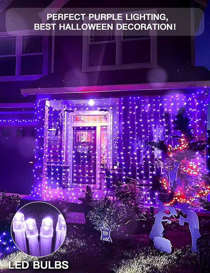 suddus Purple Curtain Lights for Halloween, 200 LED Hanging String Lights with USB Plug, Curtain String Lights Indoor for Bedroom Wall, Christmas, Party, Porch, Holiday Decorations, 6.5ft * 6.5ft