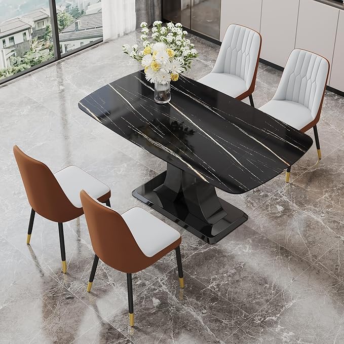 Modern Dining Table Set for 4, Marble Kitchen Table Chair Set for 4, Rectangular Kitchen Table with PU Leather Upholstered Chair for Dining Room (Brown-C)