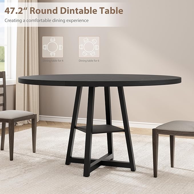 GAOMON Industrial Round Dining Table, 47 Inch Round Kitchen Table for 4, Dinner Table with Wooden Top and Metal Base for Dining Room, Living Room (Black, 47.2 in w/Storage)