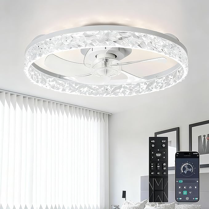 Depuley Ceiling Fans with Lights and Remote: 20" Modern Low Profile Flush Mount LED Ceiling Fan for Bedroom App Control - White Crystal Bladeless Fandelier for Living Room Kitchen Dimmable DC Motor