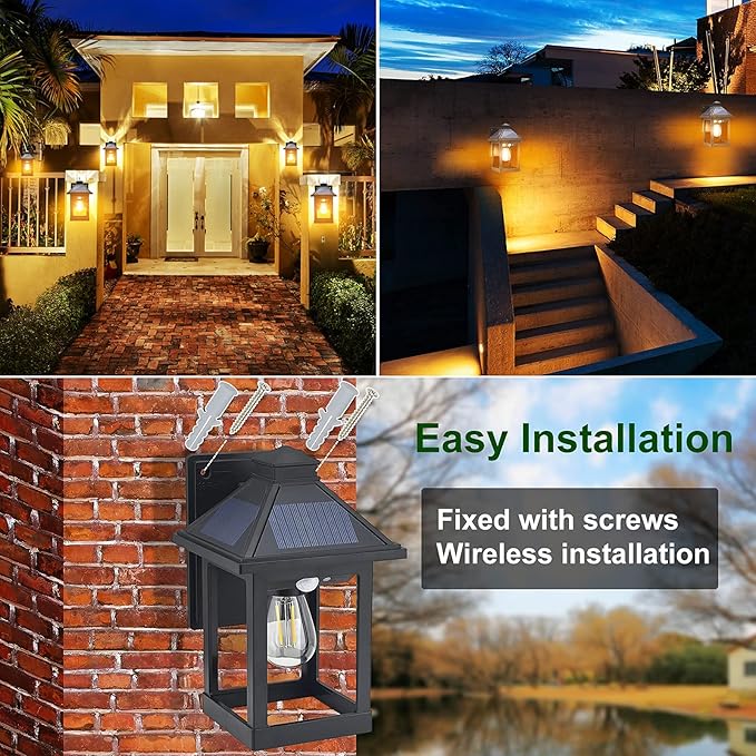 2 Pack Solar Wall Lanterns Outdoor with 3 Modes, Dusk to Dawn Motion Sensor LED Sconce Lights IP65 Waterproof, Exterior Front Porch Security Lamps Wall Mount Patio Fence Garage Decorative
