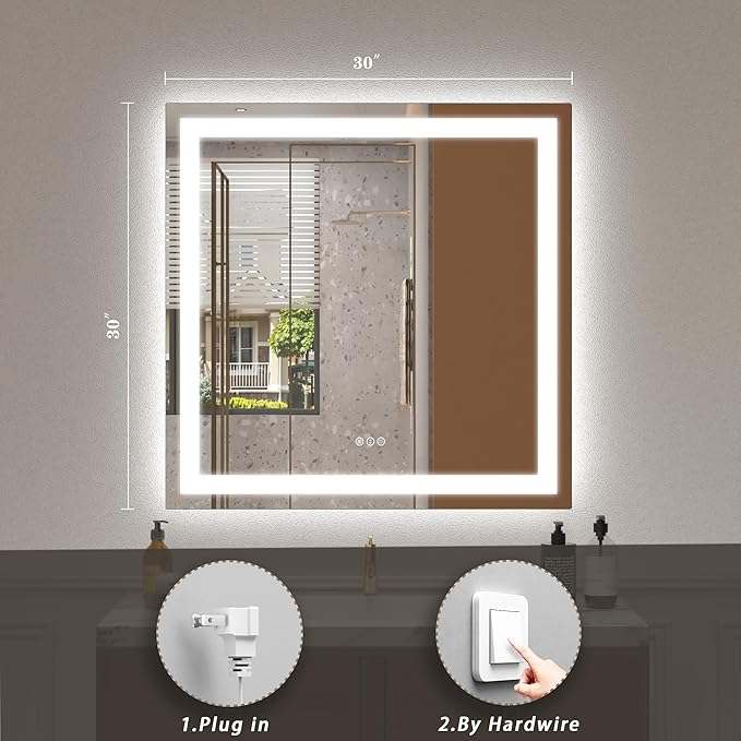 30 x 30 Lighted LED Bathroom Mirror for Wall, Square Vanity Mirror with Lights, Dimmable, Anti-Fog, Shatter-Proof, Memory, ETL Listed (Front Lights + Backlit)