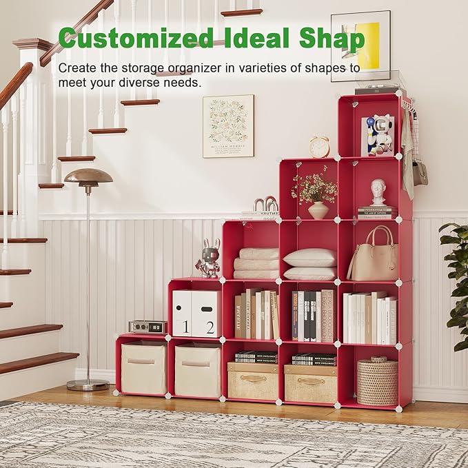 C&AHOME Cube Storage Organizer, 16-Cube Shelves Units, Plastic Storage Cubes, DIY Closet Organizer, Modular Closet Storage Shelves Ideal for Home, Bedroom, 48.4" L × 12.4" W × 48.4" H Red UPCS16R