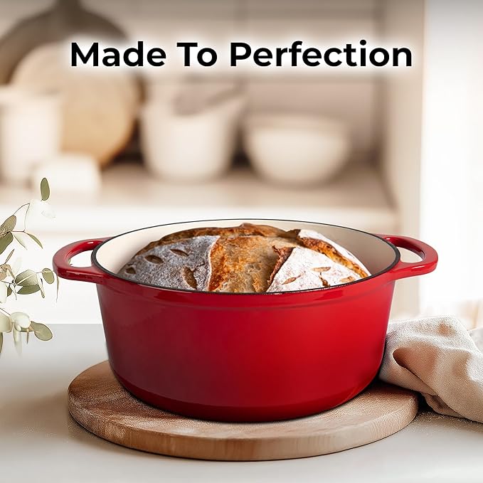 Zulay Kitchen 6 Quart Enameled Cast Iron Dutch Oven Pot with Lid – Premium Durability & Oven Safe up to 500°F – Heavy Duty Cookware Perfect for Bread Baking, Stews, Braising & Roasting – Red